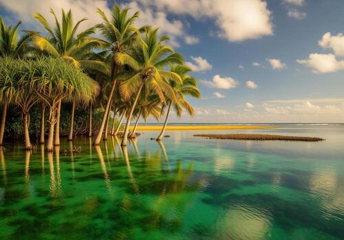 Lush palm trees reflected in crystal clear emerald green tropical lagoon. photo
