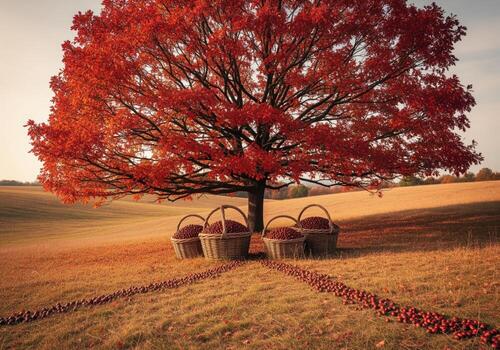 Vibrant red oak tree stands over wicker baskets of freshly picked fruit photo