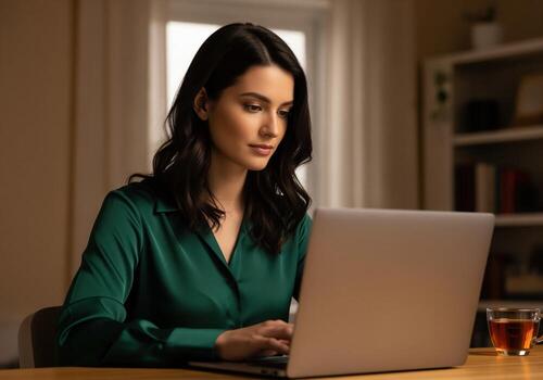 Professional woman concentrating while typing on laptop computer at home desk. photo