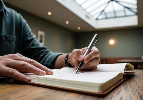 Close up of hands writing or sketching ideas in a journal with a fountain pen. photo