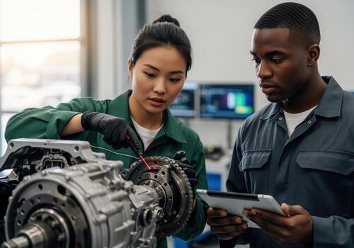 Diverse engineering team precisely inspecting automotive drivetrain components. photo