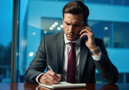 Focused businessman multitasking on a phone call while writing important notes photo