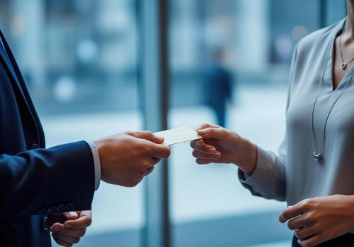 Professional business people exchanging a blank white networking card during a corporate meeting. photo