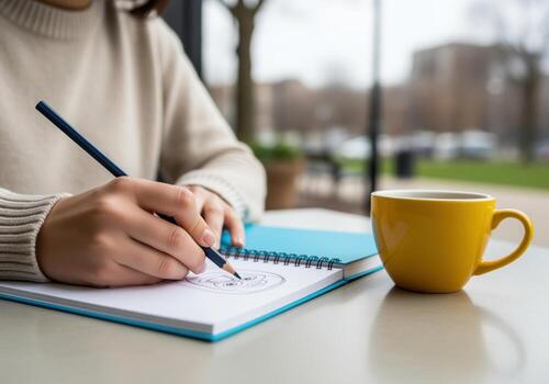 Hands sketching a doodle drawing in a spiral notebook next to a yellow coffee cup. photo