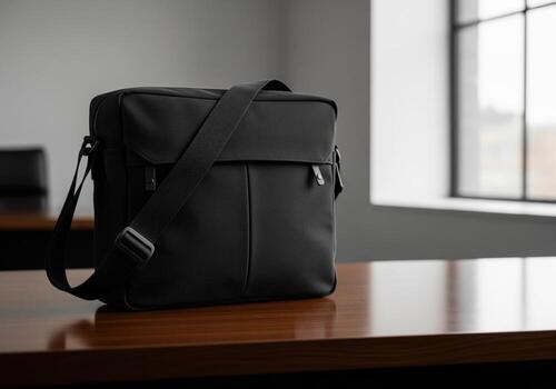 Professional black messenger bag with adjustable strap for daily commute and work. photo
