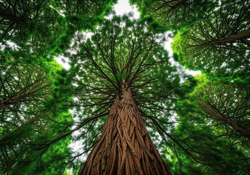 Towering giant tree trunk viewed from below reaching into the dense green forest canopy. photo