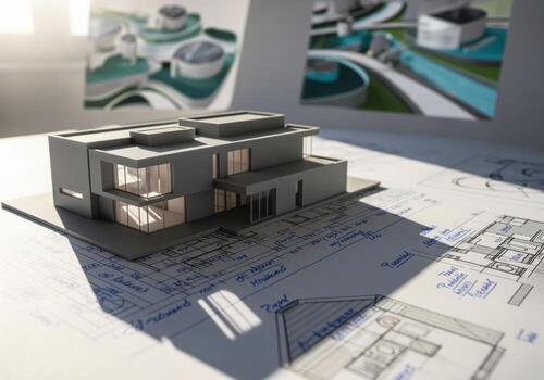 Sleek grey modern house model displayed over architectural plans and notes photo