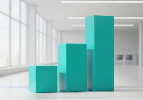 Ascending 3D teal bar graph showing positive business growth and financial success photo