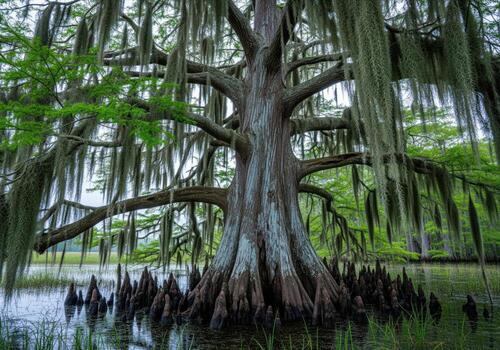 Majestic cypress tree trunk and knees draped with spanish moss in a humid swamp. photo