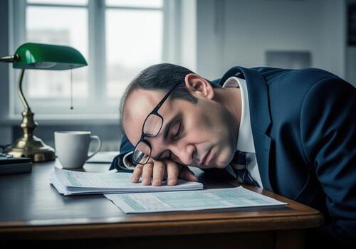 Overworked businessman sleeping on his desk surrounded by documents and papers photo