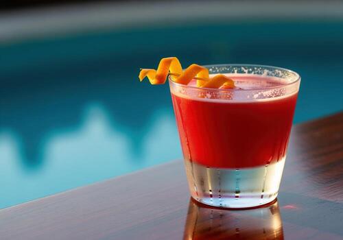 Deep ruby red cocktail garnished with twisted orange peel by the swimming pool photo