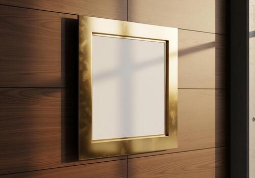 Luxurious square gold frame mockup displayed on a modern dark wood paneling. photo