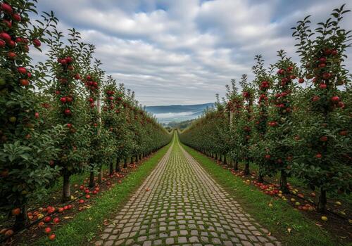 Scenic view down a paved path through rows of red apple trees during autumn harvest photo
