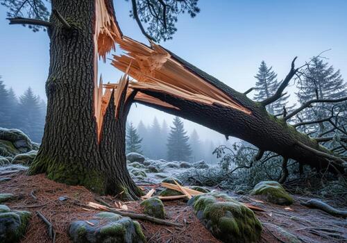 Massive tree trunk violently snapped and fallen after a severe storm in a misty forest. photo