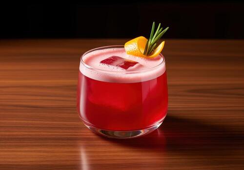 Ruby red cocktail with frothy foam, garnished with orange twist and rosemary photo