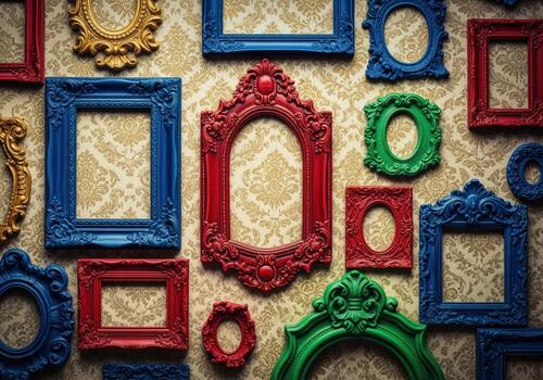 Vibrant maximalist gallery wall installation of empty baroque picture frames. photo