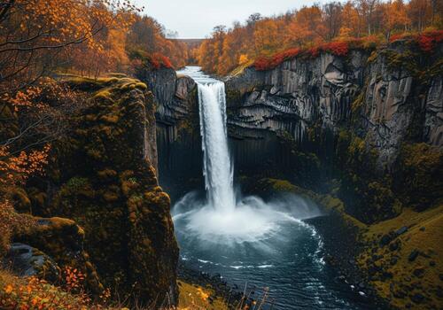 Majestic waterfall plunging into a dark pool framed by vibrant autumn foliage and basalt cliffs photo