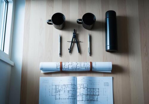 Flat lay of architecture blueprints, drafting compass, mugs, and flask on wood. photo