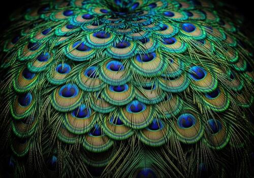 Stunning iridescent texture of exotic peacock feathers forming a dense pattern photo