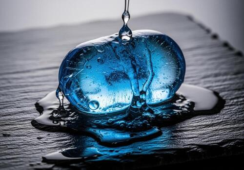 Water dripping onto a vibrant blue ice chunk melting quickly on a dark textured surface photo