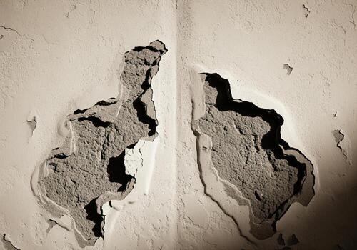 Sepia toned abstract texture of a crumbling stucco wall with peeling paint and decay. photo