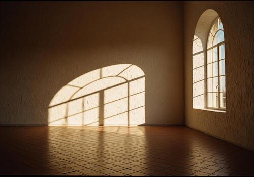 Architectural interior of empty room with arched window, golden sunlight and shadow. photo