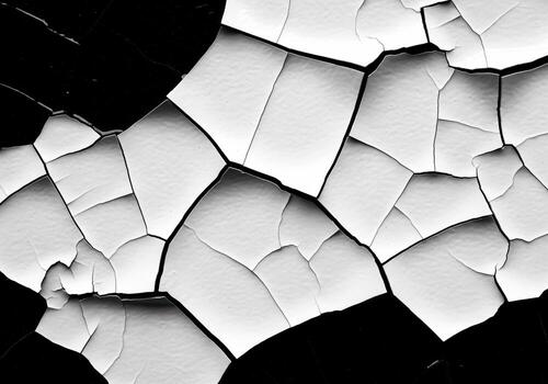 Abstract geometric pattern of cracked white paint on a stark black surface photo
