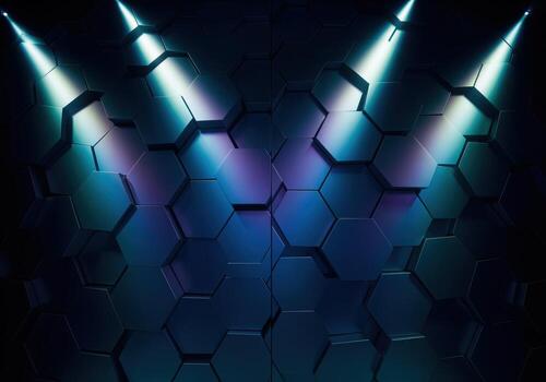 Dark geometric background of metallic hexagons highlighted by three stage spotlights photo