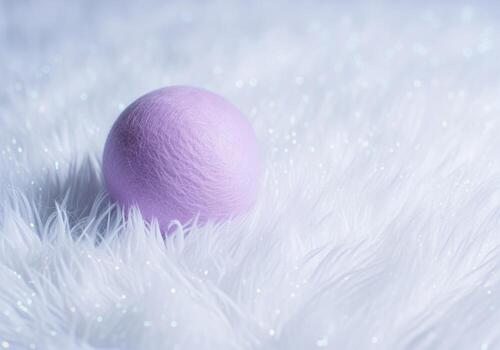 Soft purple wool ball resting on white fluffy texture with gentle bokeh light photo