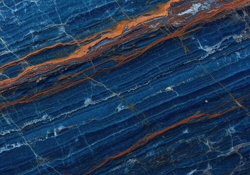 Deep blue quartzite texture with chaotic orange and bronze veins, abstract luxury stone surface photo