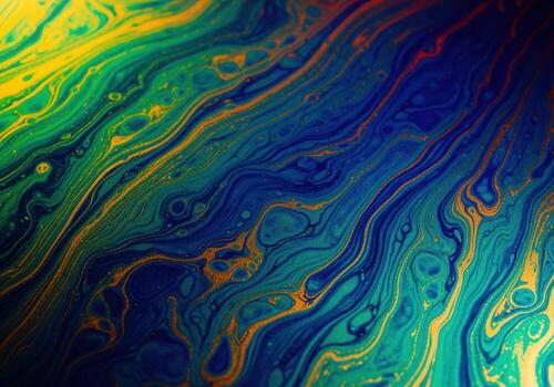 Abstract swirling pattern of vibrant blue, green, and gold liquid colors background texture photo