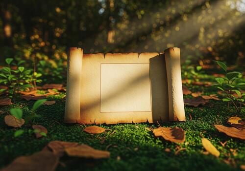 Ancient parchment scroll with blank copy space resting on lush green moss in a sunny forest. photo