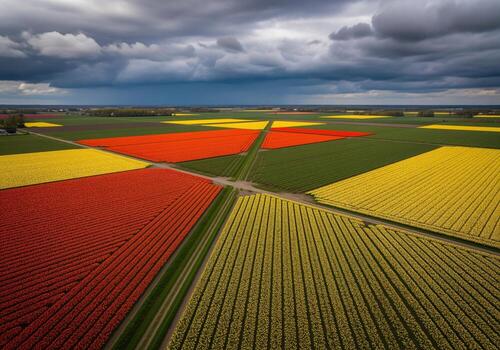 Geometric pattern of vibrant red and yellow tulip fields under a dramatic cloudy sky. photo