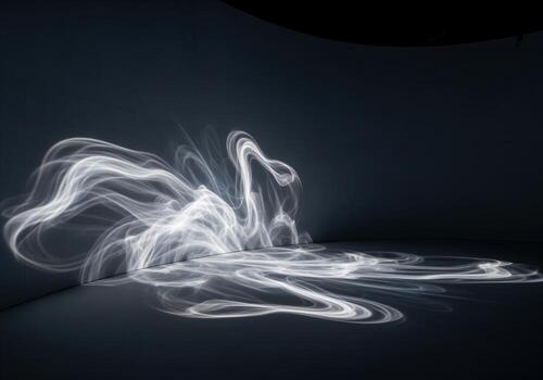 Abstract glowing smoke pattern projected on dark curved wall and floor background. photo