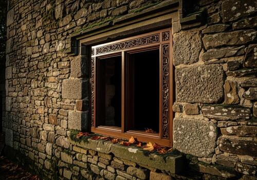 Ornate wooden window frame set into a rustic weathered stone wall with autumn leaves photo