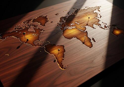 Dark wooden world map with glowing continents and pushpins for location tracking photo