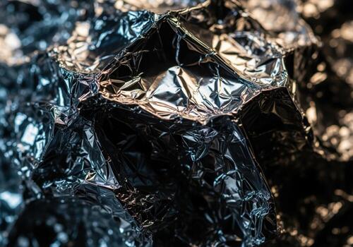 Dynamic abstract texture of crumpled silver foil reflecting light and shadow. photo
