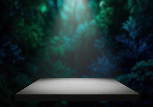Empty concrete shelf product display mockup against dark mystical forest background photo
