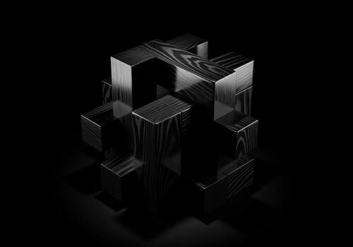 Geometric structure of interlocking dark wooden cubes forming a complex abstract puzzle photo
