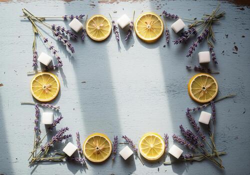Rustic flat lay border frame of dried lavender sprigs, lemon slices, and sugar cubes. photo