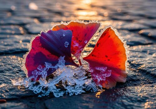 Macro shot of vibrant red and purple ginkgo leaf covered in frost and ice crystals on wet pavement illuminated by sunset light photo