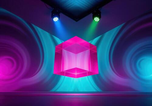 Abstract neon stage background with a glowing magenta crystal cube display. photo