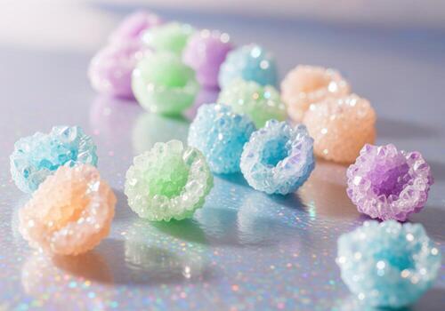 Whimsical pastel crystal candy resembling miniature geodes scattered on a shimmering holographic surface photo