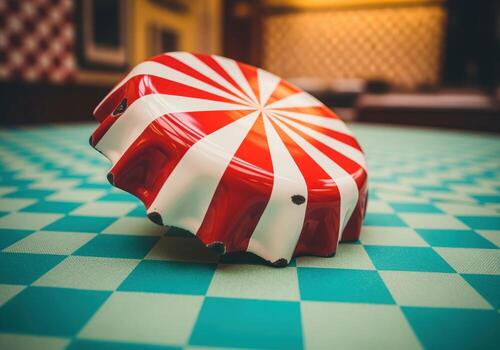 Whimsical red and white candy striped bottle cap resting on a retro checkered surface. photo