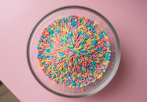 gastos generales ver de un claro vaso cuenco desbordante con vibrante vistoso caramelo asperja en un rosado superficie. foto