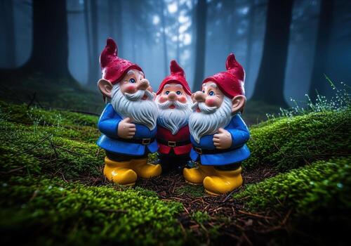 Whimsical trio of garden gnomes with red hats in a mysterious foggy forest setting. photo