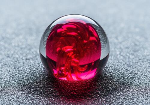 Macro shot of a transparent glass sphere with abstract red swirl on a dark textured background photo