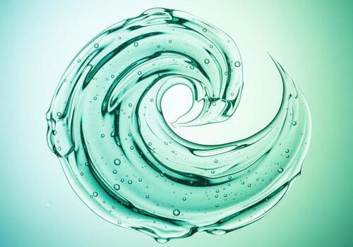 Abstract swirl of translucent aqua cosmetic gel texture with bubbles on a gradient background. photo