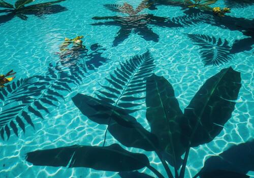 Dynamic abstract pattern of tropical leaf shadows on clear blue swimming pool water surface. photo
