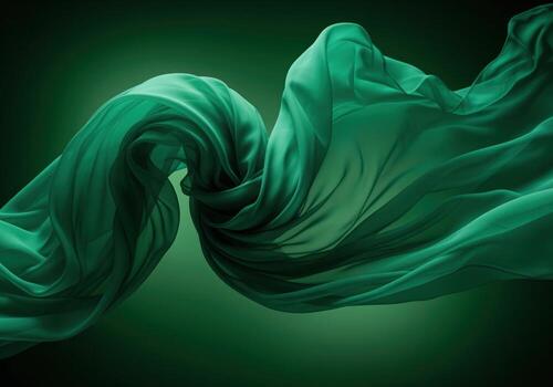 Luxurious emerald green silk fabric flowing dynamically in an abstract dark setting photo